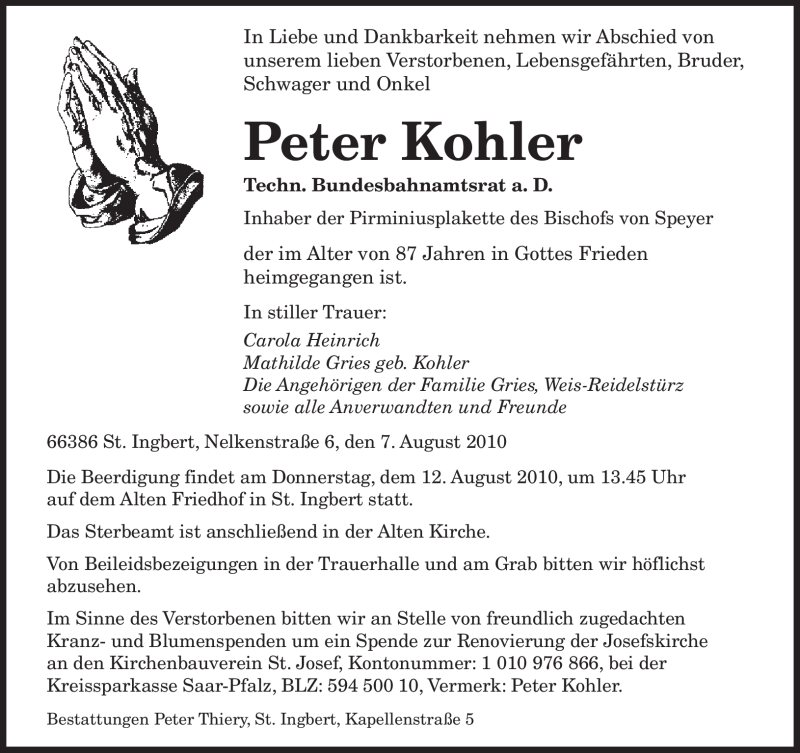 Traueranzeigen Von Peter Kohler Saarbruecker Zeitung Trauer De