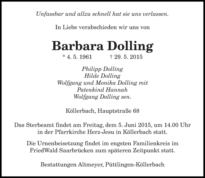  Traueranzeige für Barbara Dolling vom 02.06.2015 aus saarbruecker_zeitung