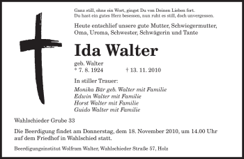 Traueranzeigen Von Ida Walter Saarbruecker Zeitung Trauer De