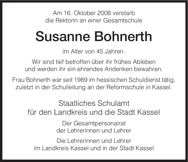  Traueranzeige für Susanne Bohnerth vom 22.10.2008 aus SAARBRÜCKER ZEITUNG
