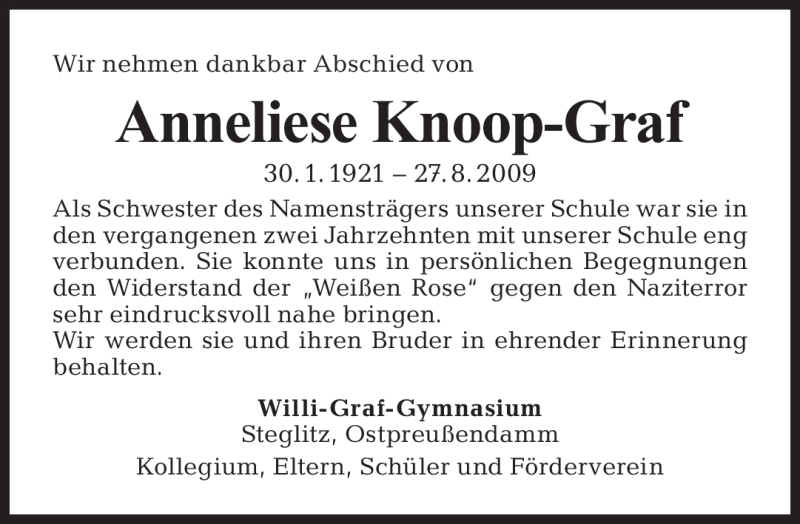  Traueranzeige für Anneliese Knoop-Graf vom 13.09.2009 aus 