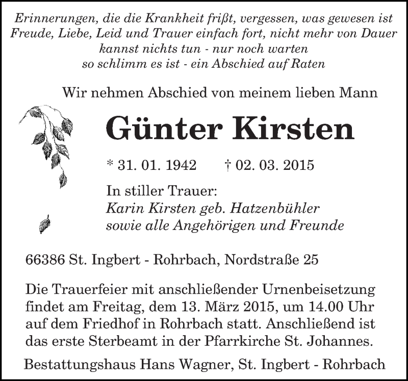  Traueranzeige für Günter Kirsten vom 11.03.2015 aus saarbruecker_zeitung