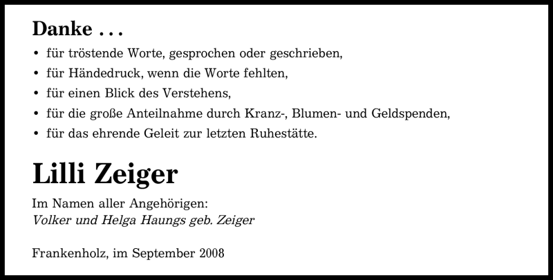 Traueranzeigen Von Lilli Zeiger Saarbruecker Zeitung Trauer De