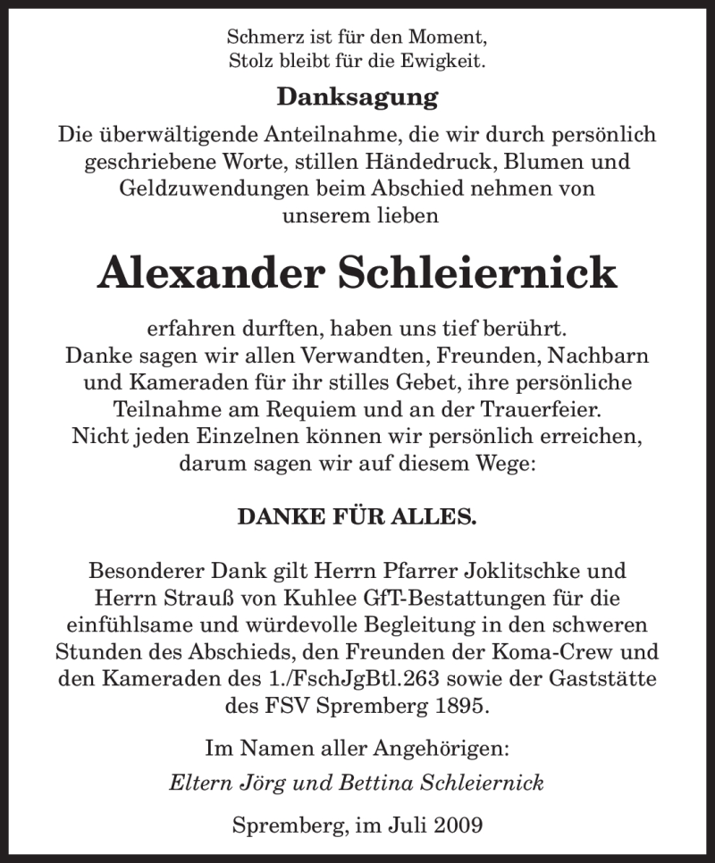  Traueranzeige für Alexander Schleiernick vom 15.07.2009 aus SAARBRÜCKER ZEITUNG