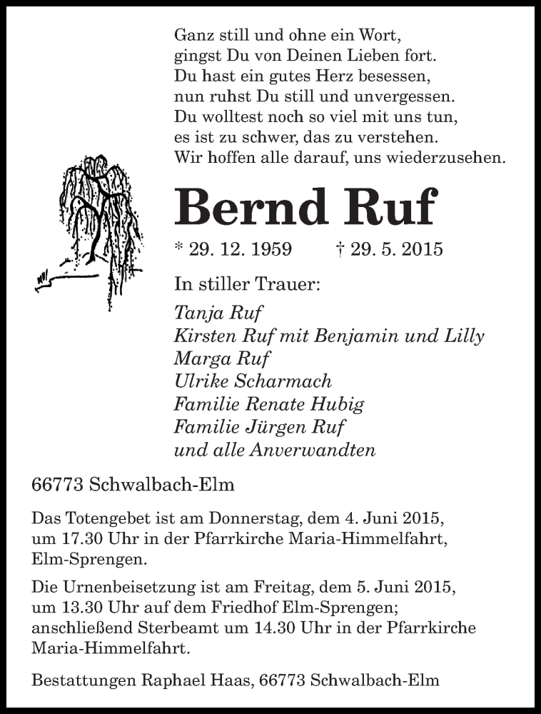  Traueranzeige für Bernd Ruf vom 03.06.2015 aus saarbruecker_zeitung