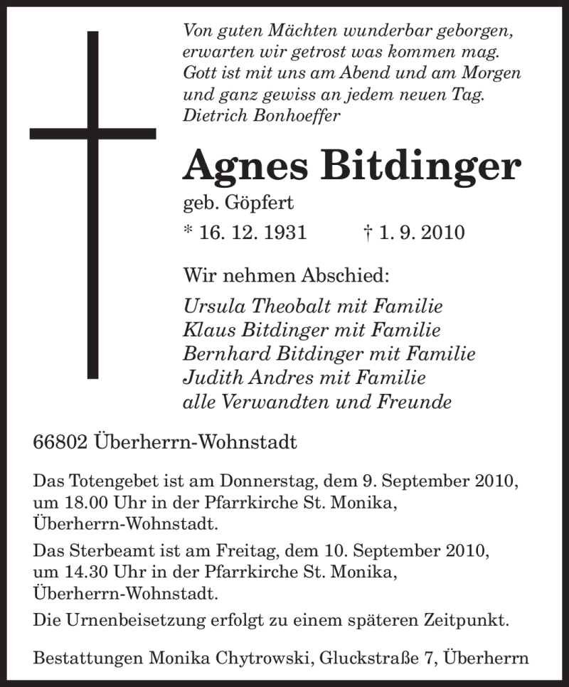 Traueranzeigen Von Agnes Bitdinger Saarbruecker Zeitung Trauer De