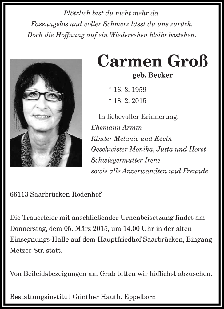  Traueranzeige für Carmen Groß vom 28.02.2015 aus saarbruecker_zeitung
