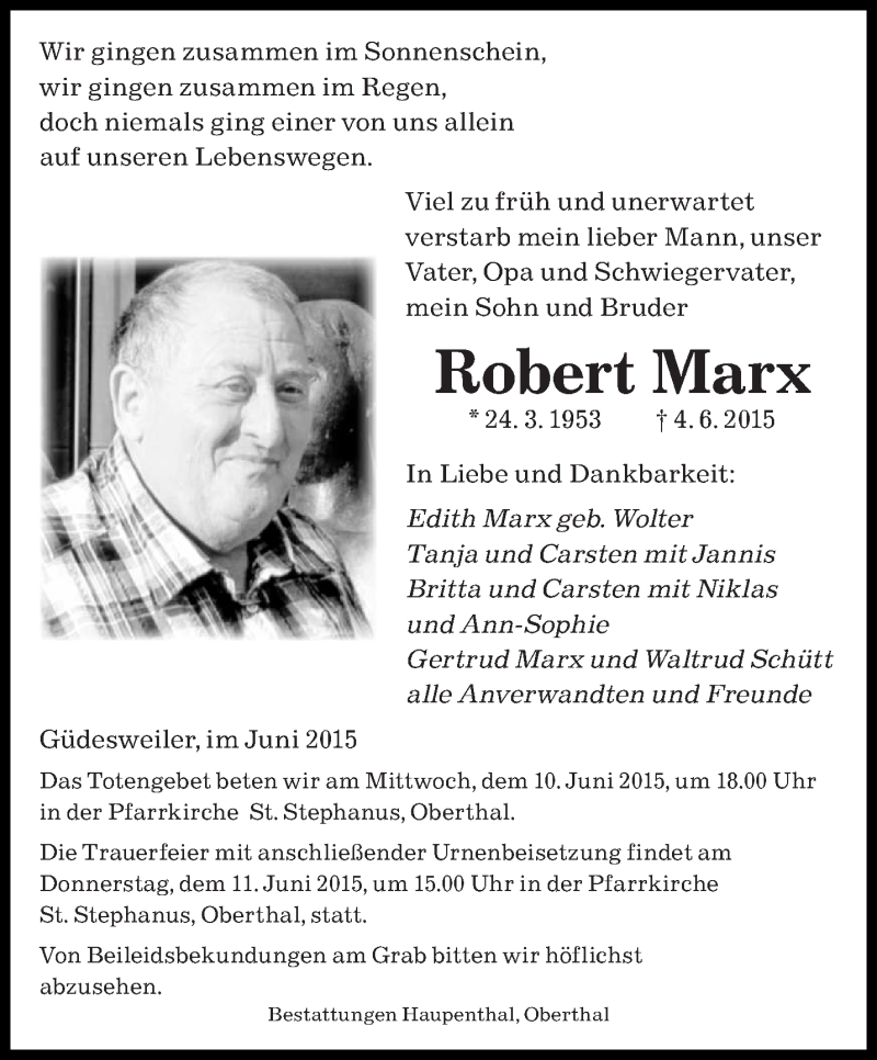  Traueranzeige für Robert Marx vom 09.06.2015 aus saarbruecker_zeitung