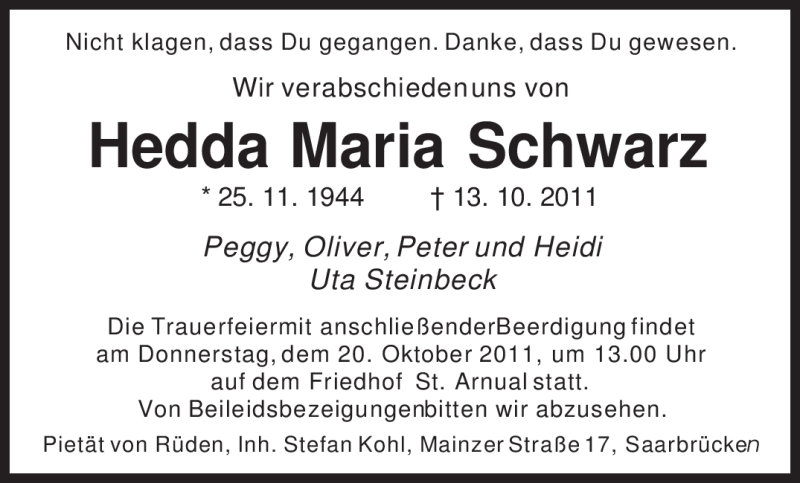 Traueranzeigen Von Hedda Maria Schwarz Saarbruecker Zeitung Trauer De