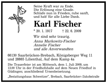 Traueranzeigen Von Karl Fischer Saarbruecker Zeitung Trauer De