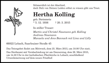 Traueranzeige von Hertha Kolling von saarbruecker_zeitung