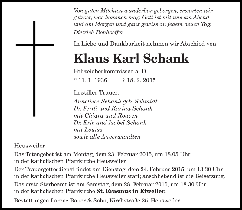  Traueranzeige für Klaus Karl Schank vom 21.02.2015 aus saarbruecker_zeitung