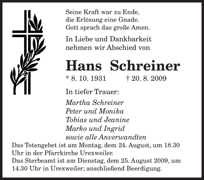 Traueranzeigen Von Hans Schreiner Saarbruecker Zeitung Trauer De