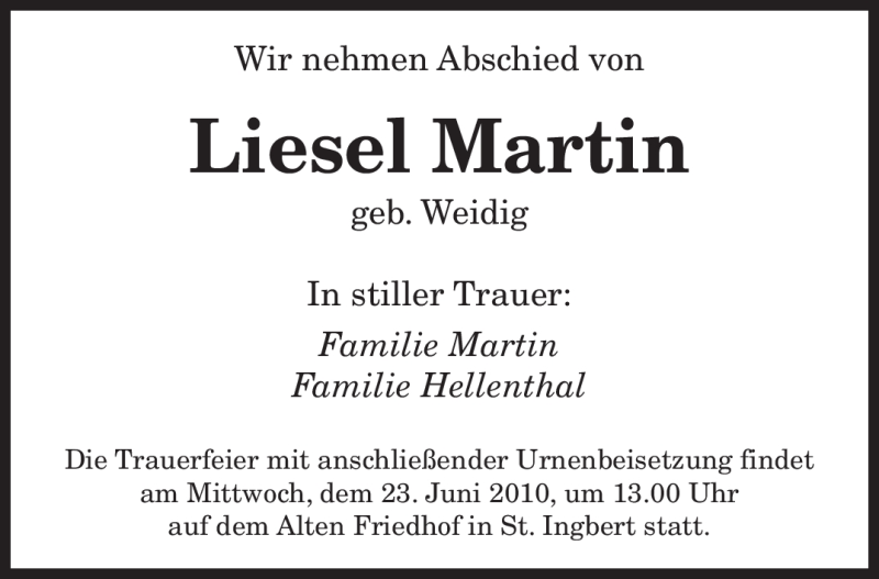 Traueranzeigen Von Liesel Martin Saarbruecker Zeitung Trauer De