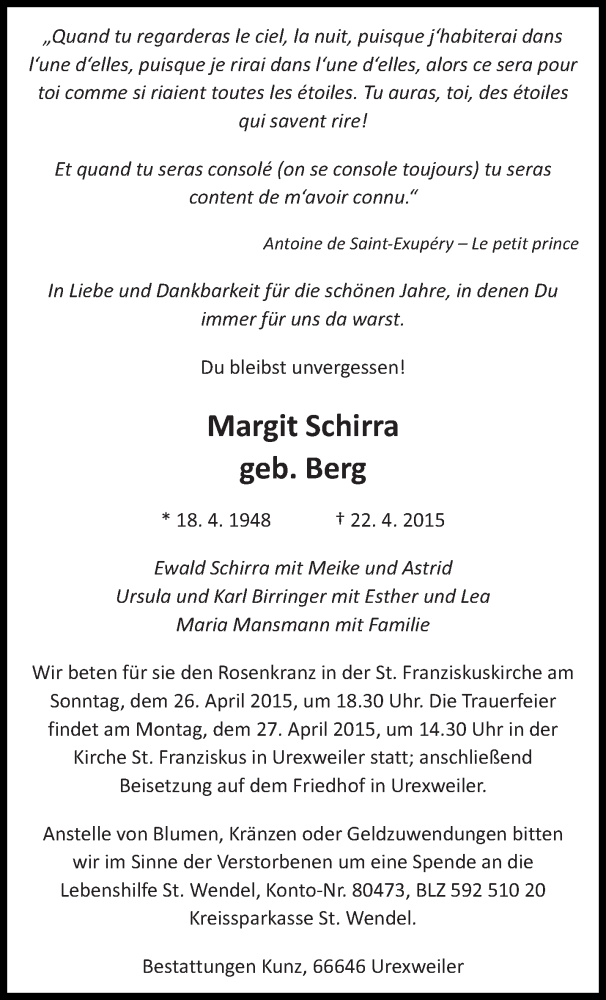  Traueranzeige für Margit Schirra vom 25.04.2015 aus saarbruecker_zeitung