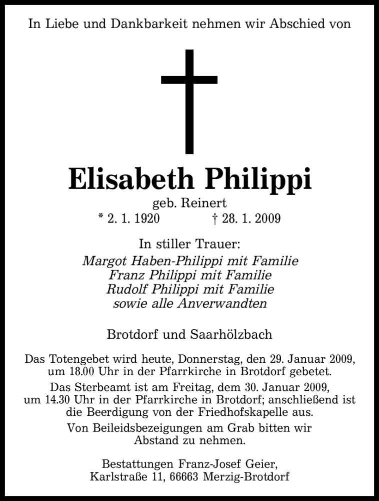 Traueranzeigen Von Elisabeth Philippi Saarbruecker Zeitung Trauer De