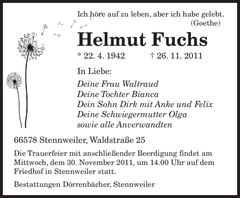  Traueranzeige für Helmut Fuchs vom 29.11.2011 aus SAARBRÜCKER ZEITUNG