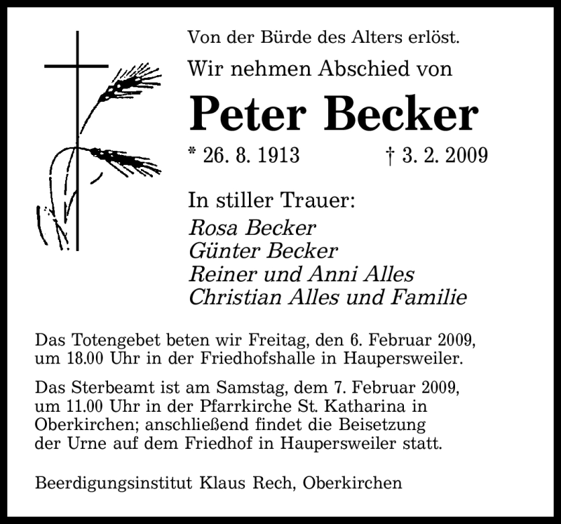 Traueranzeigen Von Peter Becker Saarbruecker Zeitung Trauer De