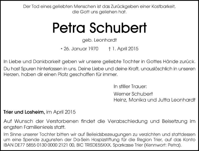  Traueranzeige für Petra Schubert vom 04.04.2015 aus saarbruecker_zeitung