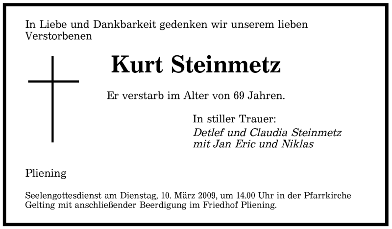 Traueranzeigen Von Kurt Steinmetz Saarbruecker Zeitung Trauer De