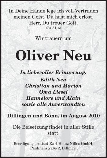 Traueranzeigen Von Oliver Neu Saarbruecker Zeitung Trauer De