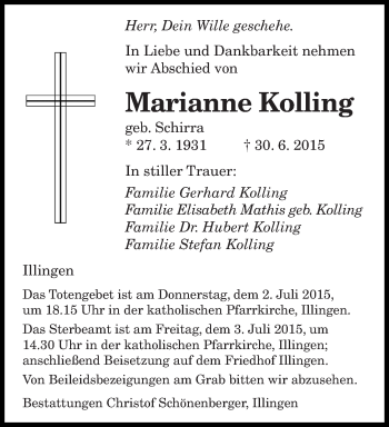 Traueranzeige von Marianne Kolling von saarbruecker_zeitung