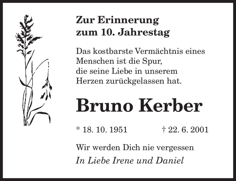 Traueranzeigen Von Bruno Kerber Saarbruecker Zeitung Trauer De