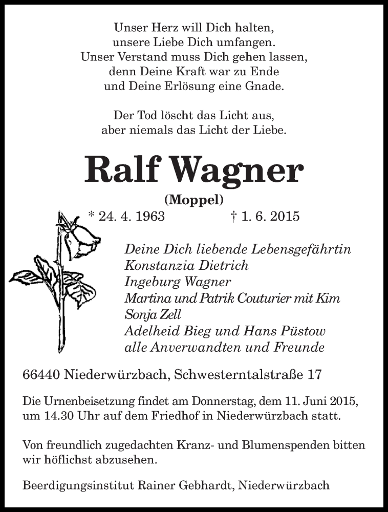  Traueranzeige für Ralf Wagner vom 08.06.2015 aus saarbruecker_zeitung