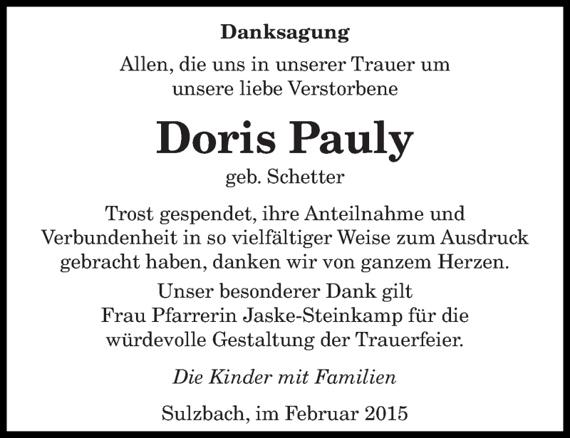  Traueranzeige für Doris Pauly vom 07.02.2015 aus saarbruecker_zeitung