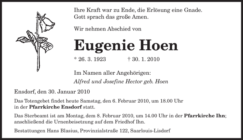 Traueranzeigen Von Eugenie Hoen Saarbruecker Zeitung Trauer De