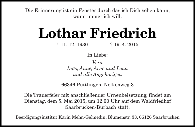  Traueranzeige für Lothar Friedrich vom 25.04.2015 aus saarbruecker_zeitung
