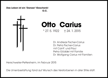 Traueranzeigen Von Otto Carius Saarbruecker Zeitung Trauer De