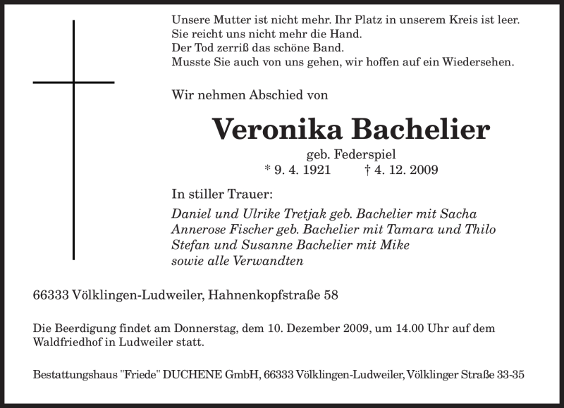 Traueranzeigen Von Veronika Bachelier Saarbruecker Zeitung Trauer De