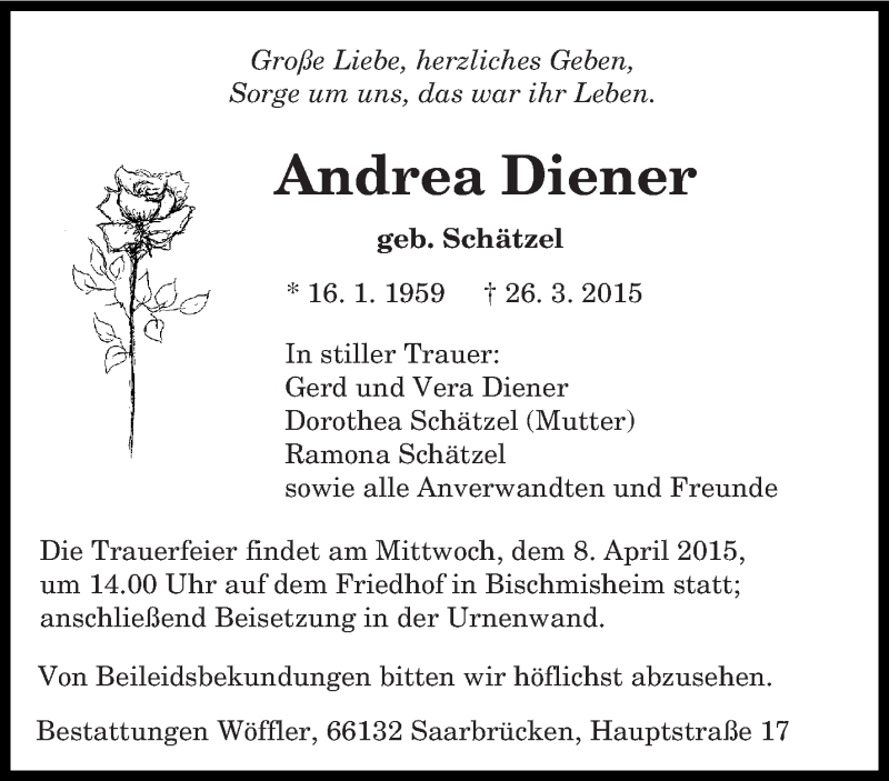  Traueranzeige für Andrea Diener vom 04.04.2015 aus saarbruecker_zeitung