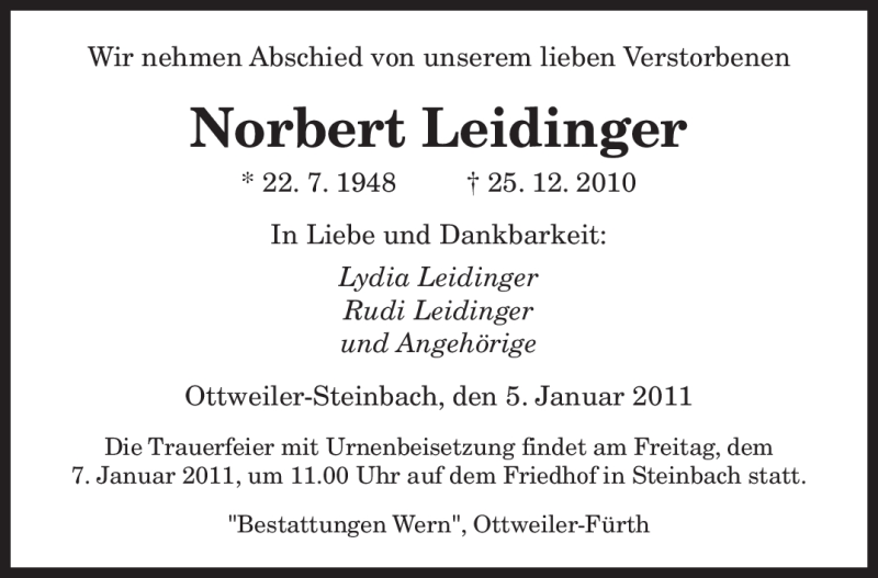 Traueranzeigen Von Norbert Leidinger Saarbruecker Zeitung Trauer De