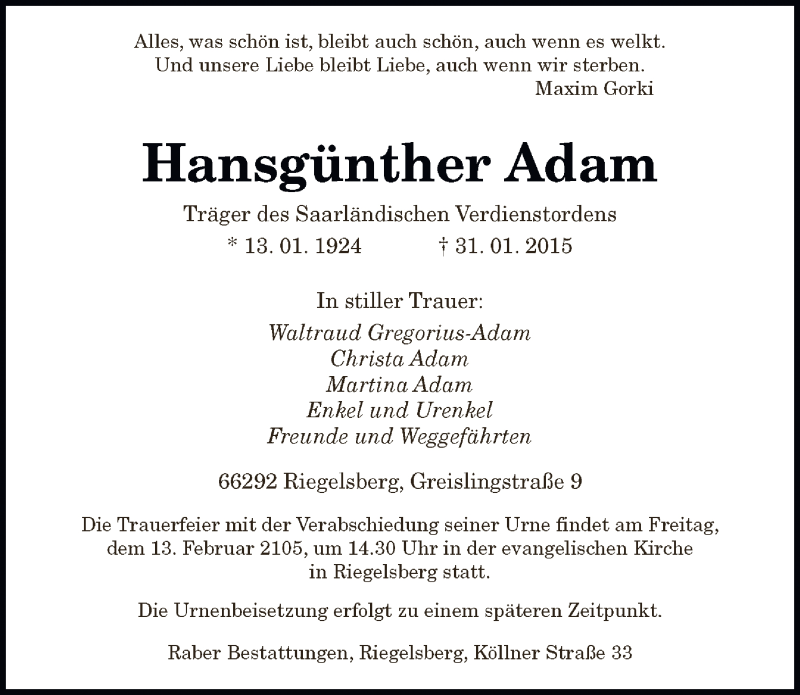  Traueranzeige für Hansgünther Adam vom 09.02.2015 aus Saarbrücker Zeitung