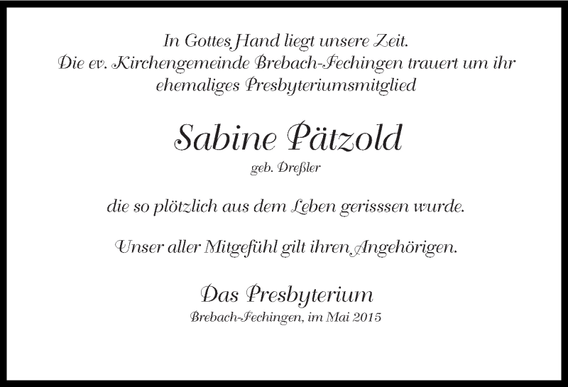  Traueranzeige für Sabine Pätzold vom 23.05.2015 aus saarbruecker_zeitung