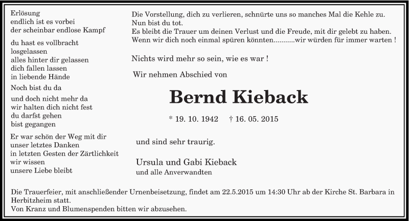  Traueranzeige für Bernd Kieback vom 20.05.2015 aus saarbruecker_zeitung