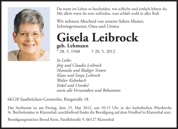 Traueranzeige von Gisela Leibrock von SAARBRÜCKER ZEITUNG