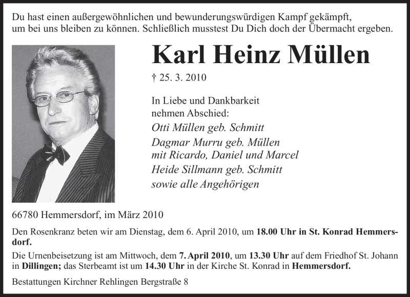 Traueranzeigen Von Karl Heinz M Llen Saarbruecker Zeitung Trauer De