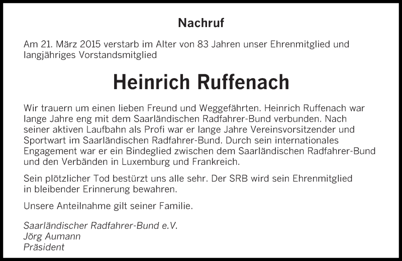  Traueranzeige für Heinrich Ruffenach vom 28.03.2015 aus saarbruecker_zeitung