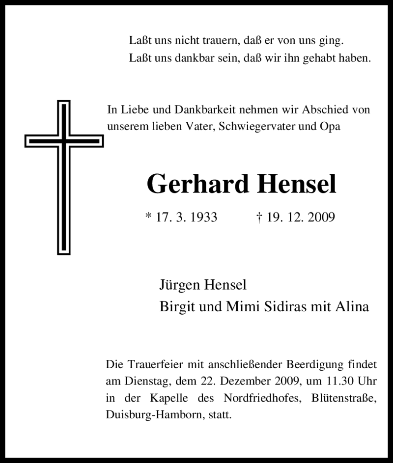 Traueranzeigen Von Gerhard Hensel Saarbruecker Zeitung Trauer De