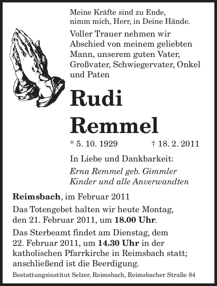 Traueranzeigen Von Rudi Remmel Saarbruecker Zeitung Trauer De