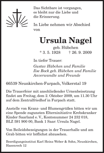 Traueranzeigen Von Ursula Nagel Saarbruecker Zeitung Trauer De