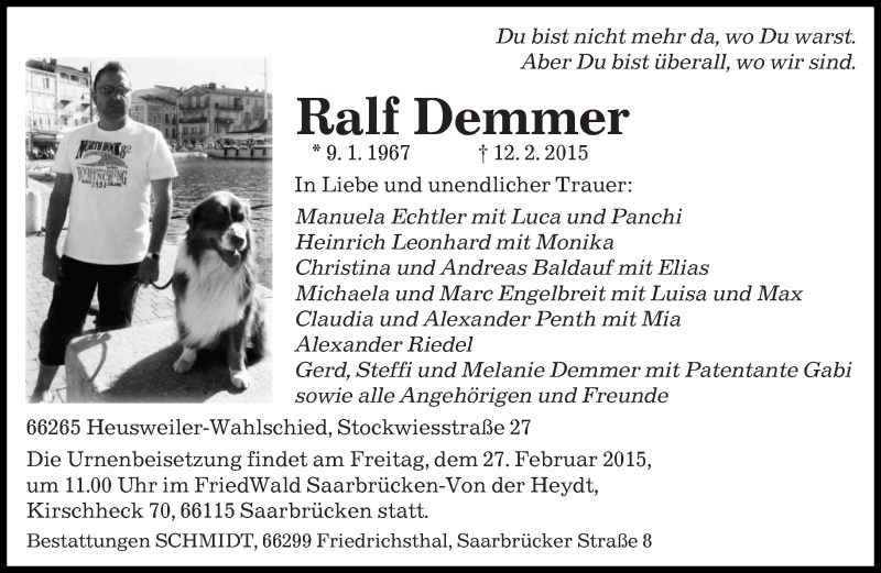  Traueranzeige für Ralf Demmer vom 21.02.2015 aus saarbruecker_zeitung