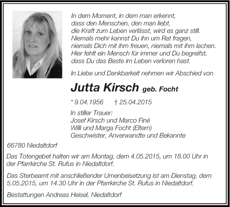  Traueranzeige für Jutta Kirsch vom 02.05.2015 aus saarbruecker_zeitung