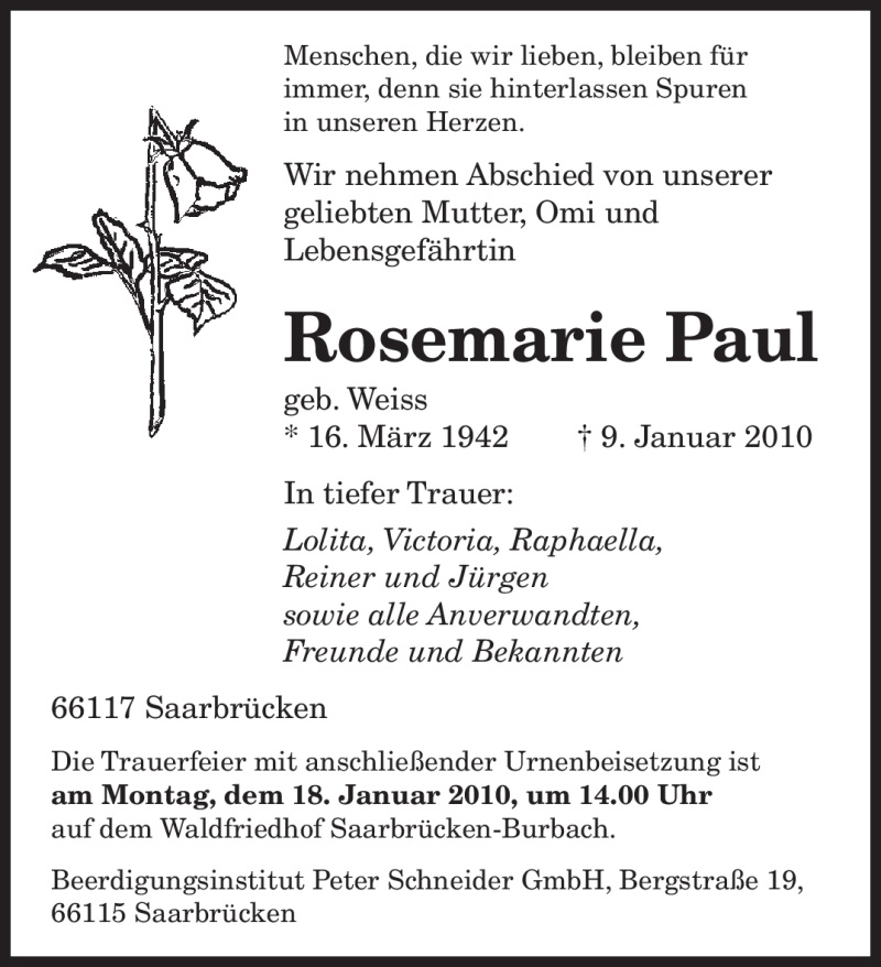 Traueranzeigen Von Rosemarie Paul Saarbruecker Zeitung Trauer De