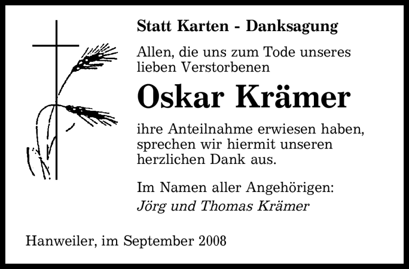 Traueranzeigen von Oskar Krämer Saarbruecker Zeitung Trauer de