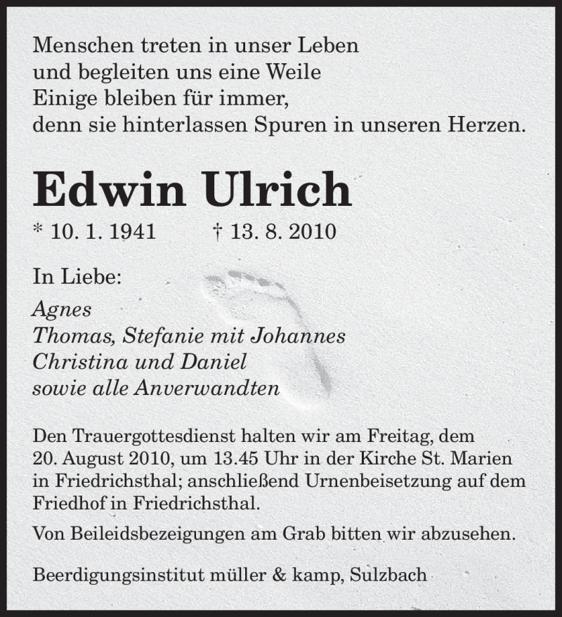 Traueranzeigen Von Edwin Ulrich Saarbruecker Zeitung Trauer De