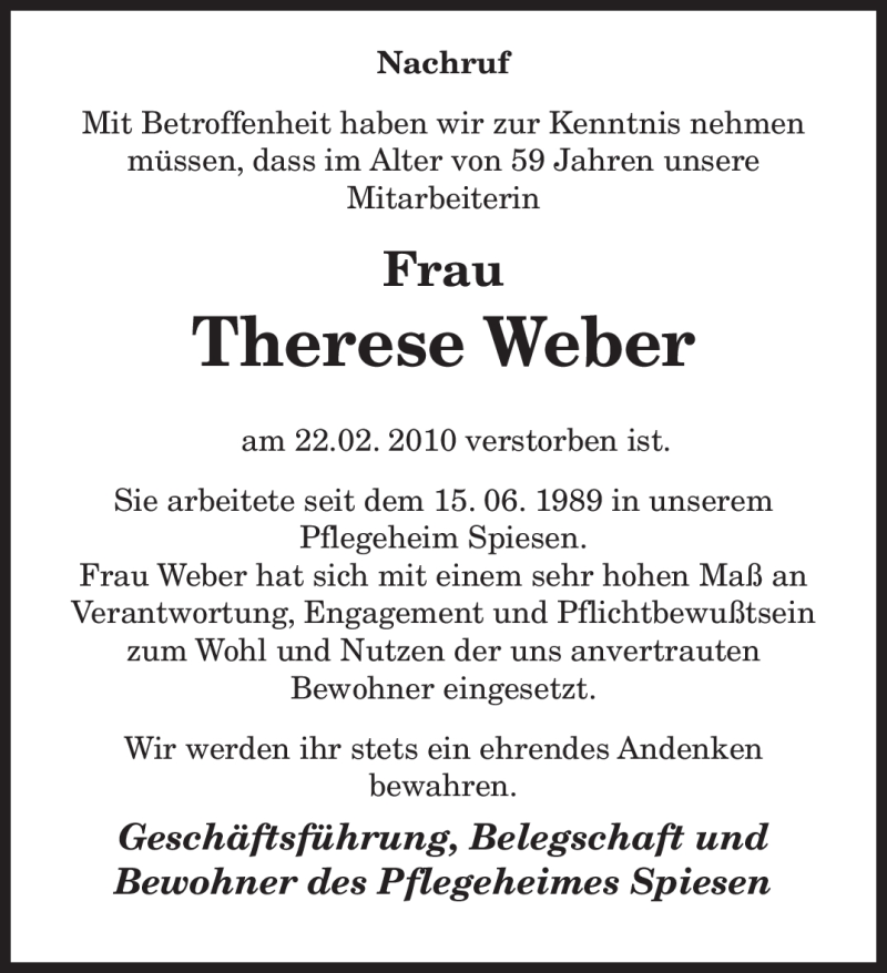 Traueranzeigen Von Therese Weber Saarbruecker Zeitung Trauer De